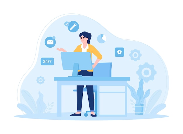 Customer service woman at work desk concept flat illustration