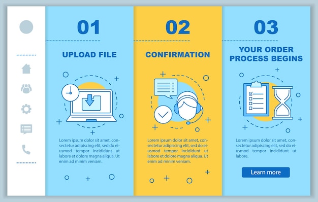 Customer support onboarding mobile web pages vector template Upload file confirmation order processing Digital service Responsive smartphone website interface Webpage walkthrough step screens