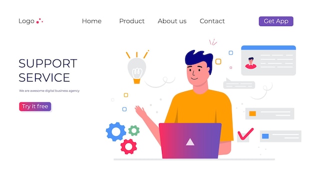 Customer support service landing page. Concept with woman with headphones and microphone with laptop. Business topic and digital communication for assistance, call center. Trendy vector