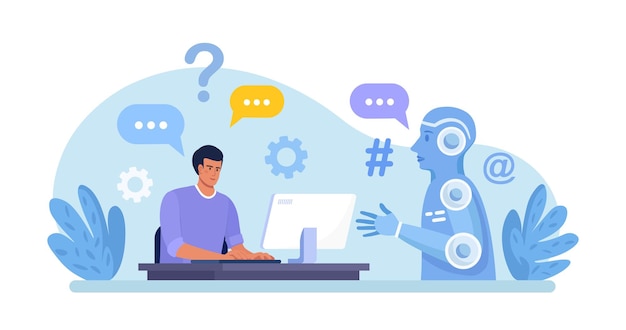 customer talking with chatbot person chatting with robot asking questions and receiving answers artificial intelligence in marketing faq chat bot virtual assistant customer support