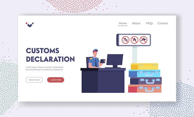 Customs Officer Work Landing Page Template. Male Character Sit at Desk Looking in Tourist Passport with Pile of Suitcases near Billboard with Forbidden Cargo Information. Cartoon Vector Illustration