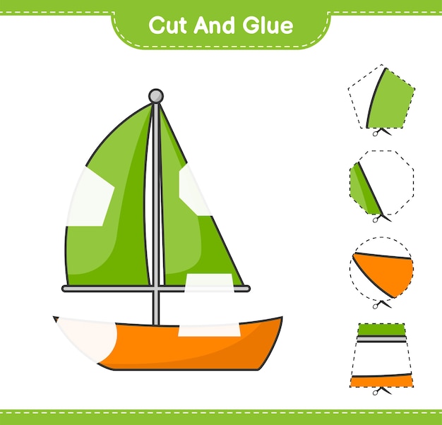 Cut and glue, cut parts of Sailboat and glue them. Educational children game, printable worksheet, vector illustration