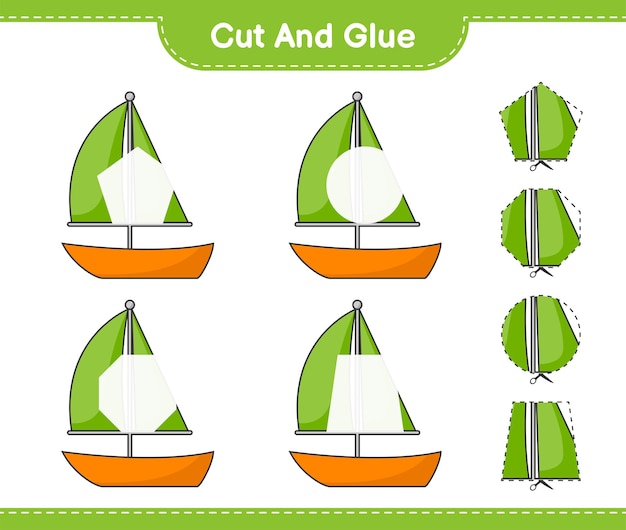 Cut and glue, cut parts of Sailboat and glue them. Educational children game, printable worksheet, vector illustration