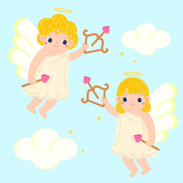 Cute Adorable HandDrawn Valentine Cupid Angel Blonde Vector Cartoon Illustrations Clipart Set