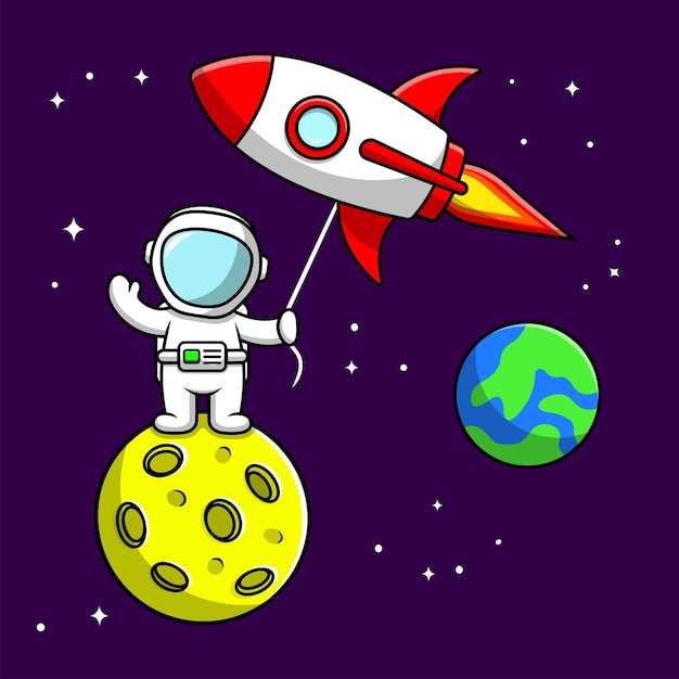 Cute Astronaut Landing On Moon With Rocket Cartoon Vector Icon Illustration