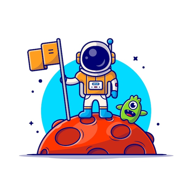 Cute Astronaut Standing Holding Flag on Moon with Cute Alien Space Cartoon Icon Illustration.
