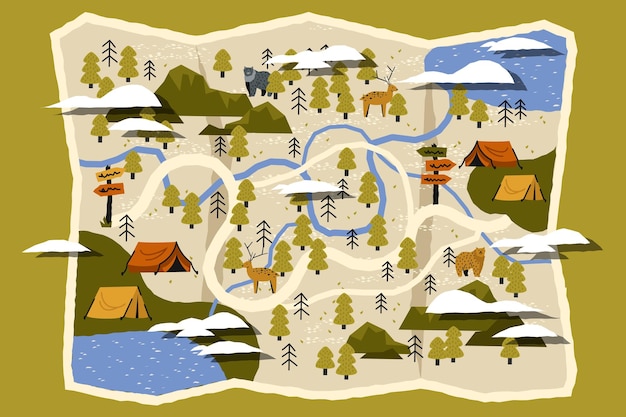 Cute banner with travel map Cartoon banner with doodle tracking route and hand drawn map with pointer Vector camping or travel illustration
