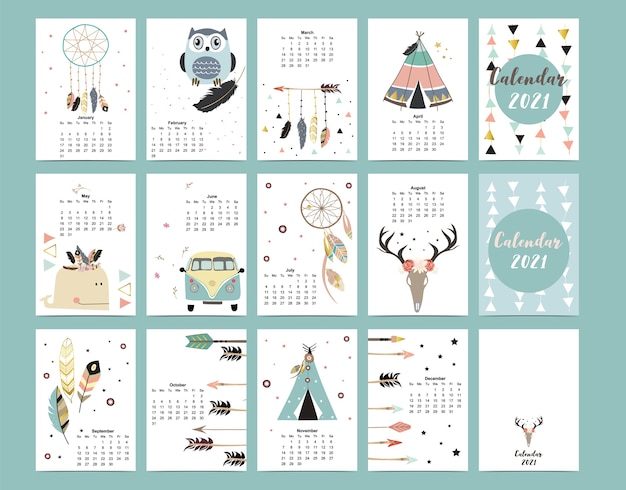 cute boho calendar 2021 with feather,catcher,wild,wreath for children