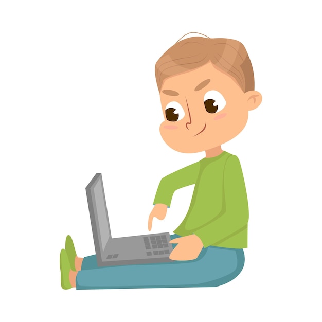cute boy sitting with laptop studying computer science vector illustration