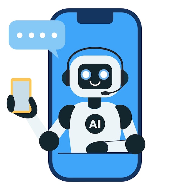 Cute chat bot robot on the phone shows smartphone