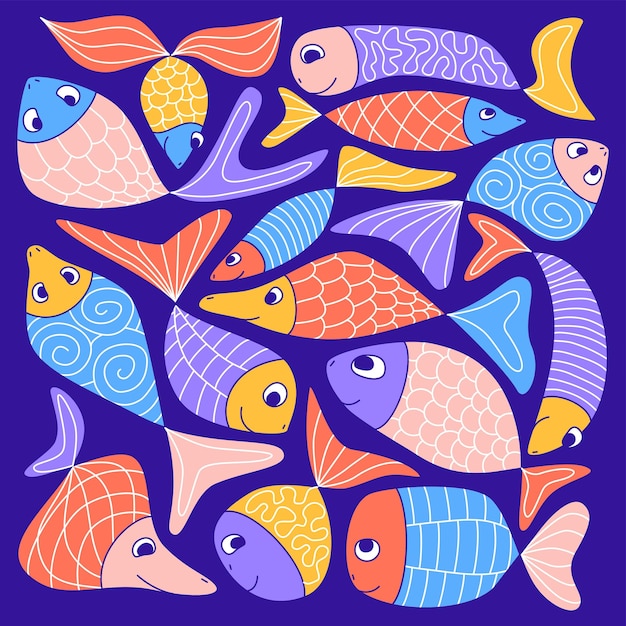Cute colorful aquarium fish doodle Funny kids naive abstract style Marine life souvenirs print