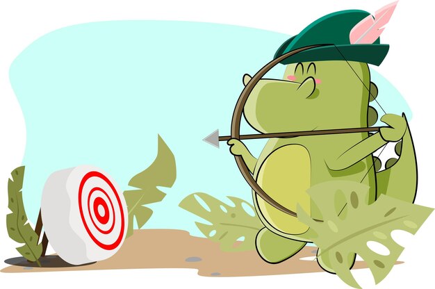 cute dinosaur dressed up as robin hood and shoots at a target