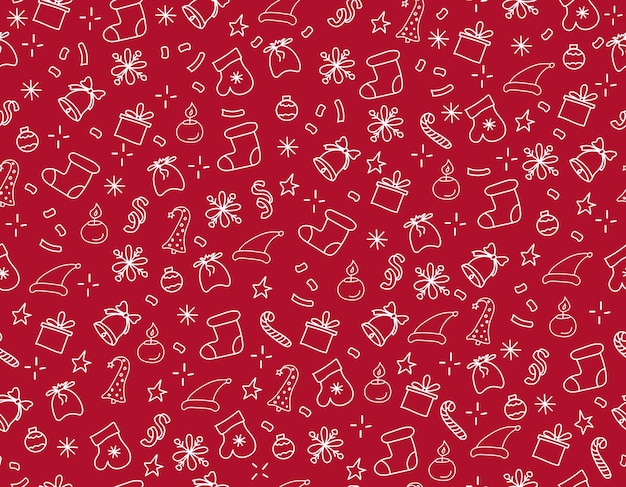 Cute doodle Christmas seamless pattern with different party decoration on the red background