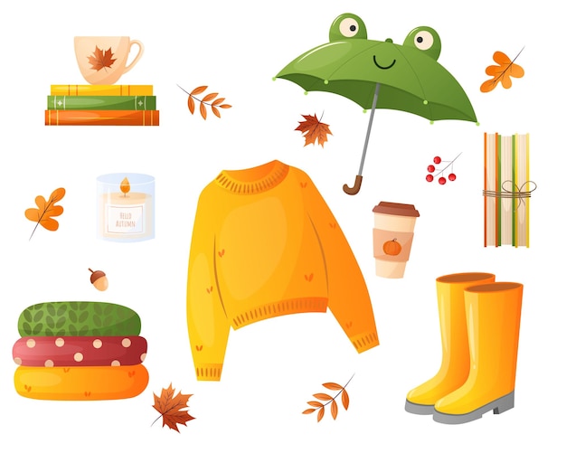 cute elements collection for autumn Cartoon autumn sweater umbrella rubber boots books candle