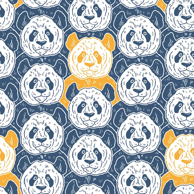 Cute funny cartoon panda seamless pattern Vector illustration hand drawn in lines Trendy doodle background
