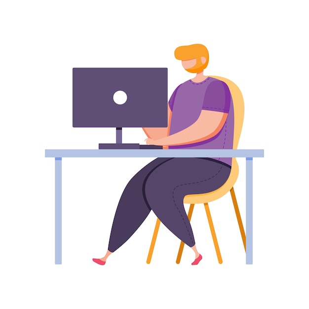 cute guy sits at the table and works at the computer