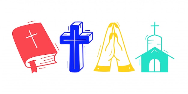 Cute Hand Drawn Christian Theme Doodle Collection In White Isolated Background.