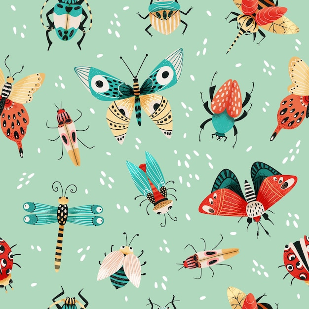 cute insects vector seamless pattern in hand drawn style butterflies and beetles on mint background
