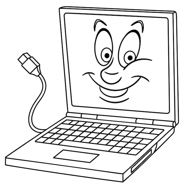 Cute laptop computer. Cartoon funny food emoji face. Kids coloring page.