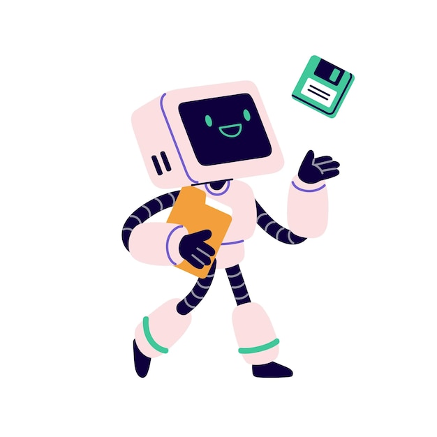 Cute retro robot android character with floppy disk and computer folder 90s robotic machine with diskette for information storage memory Flat vector illustration isolated on white background