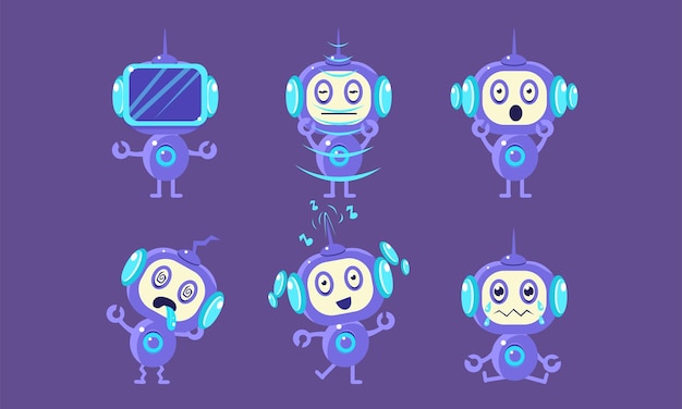 Cute Robot Character Set Funny Robotics in Different Poses and Various Emotions Vector Illustration