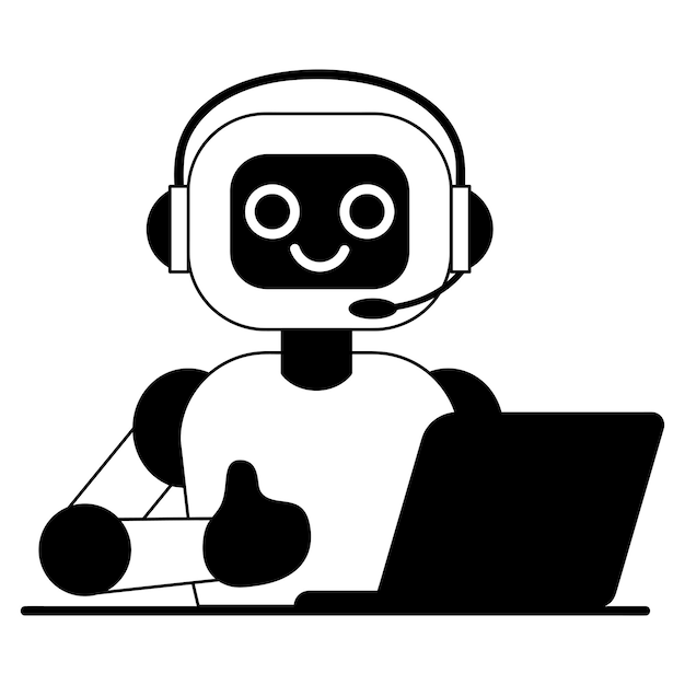 Cute robot in headphones showing thumbs up at the computer