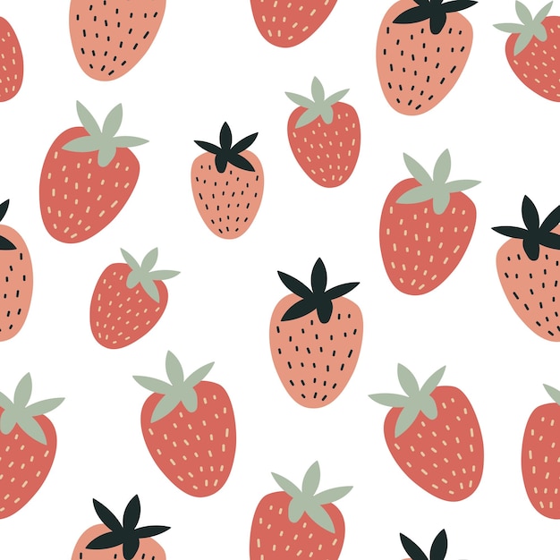 cute seamless pattern with strawberries on a white background illustration in doodle style