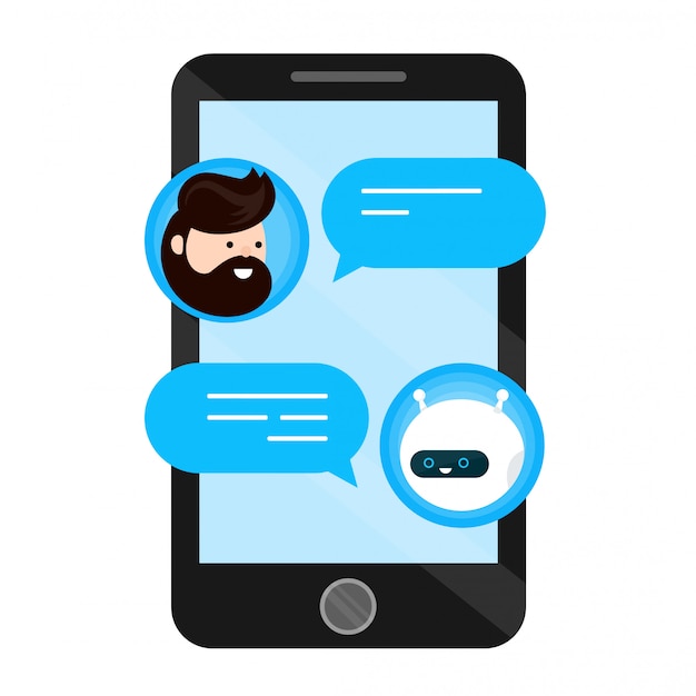 cute smiling chat bot is written off with a person man. dialog on smartphone mobile phone screen.  flat modern style cartoon character illustration icon . isolated on white .