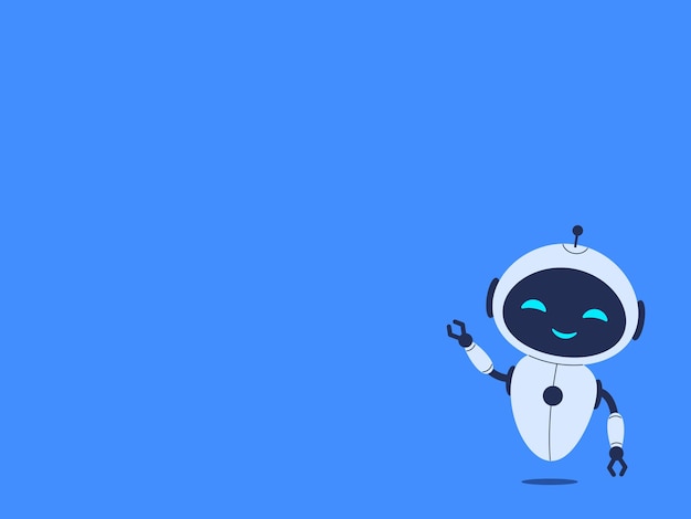 Cute smiling robot on blue background with copy space for text Vector illustration for tech themed designs and chatbot concepts