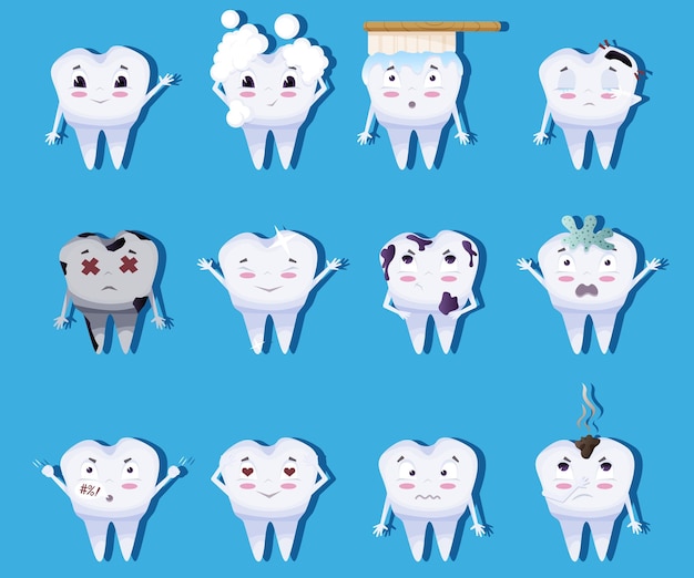 Cute tooth characters set in cartoon style teeth with different emotions set for label design