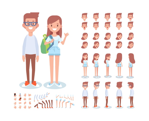 cute young people teen girl and boy constructor front side back view  people for animation