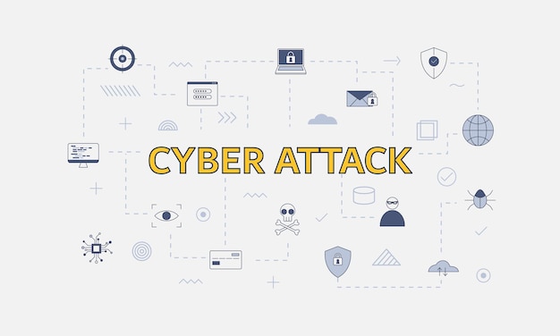 Cyber attack concept with icon set with big word or text on center