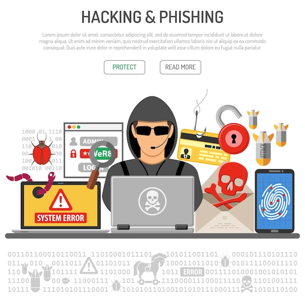 Cyber Crime, Hacking and Phishing Concept with flat icons hacker, spam, virus, hacking password. isolated vector illustration