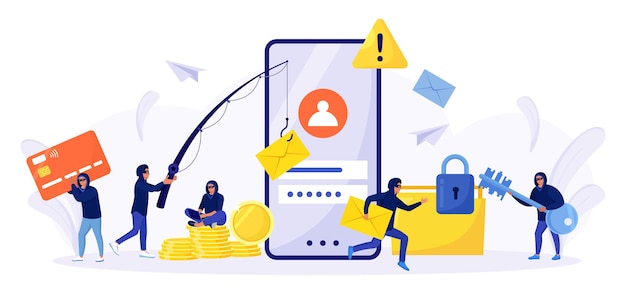 Cyber criminals phishing stealing private personal data, credentials, password, bank document and credit card. Tiny anonymous hackers attacking smartphone, hacking  email. Cyber crime, hacker attack