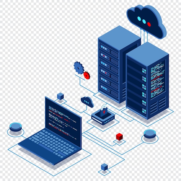 Cyber data security Internet security isometric concept Server room connected with laptop through protected hub Computing internet digital technology Isometric technology