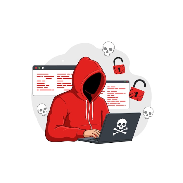 Cyber Hacker Red Hoodie Laptop Computer Security Threat