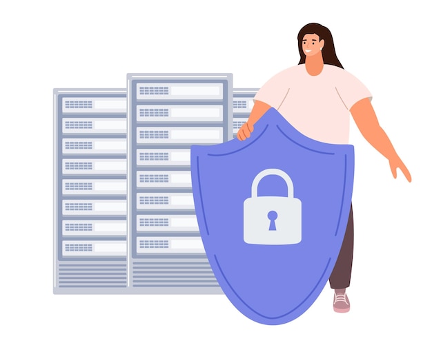 cyber safety cyber security and privacy concept woman holding online protection shield as symbol of defense and secure person defending and protecting data vector illustration