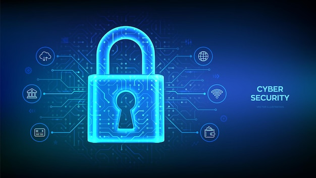 cyber security and data protection technology concept padlock with keyhole network safety information privacy idea circuit board pattern pcb printed circuit texture vector illustration