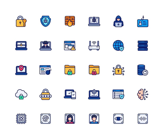 cyber security colored outline icon set