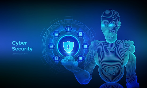 cyber security concept on virtual screen. wireframed cyborg hand touching digital interface.