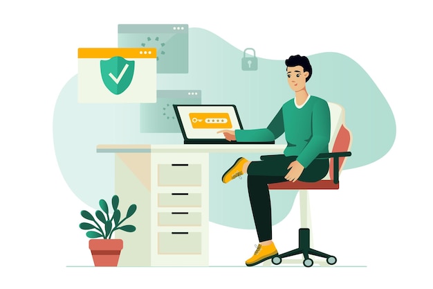 Cyber security concept with people scene in the flat cartoon design The technical worker is engaged