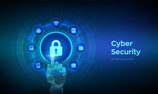 Cyber Security. Data protection concept on virtual screen. Padlock With Keyhole icon. Internet privacy and safety. Antivirus interface. Robotic hand touching digital interface. Vector illustration.