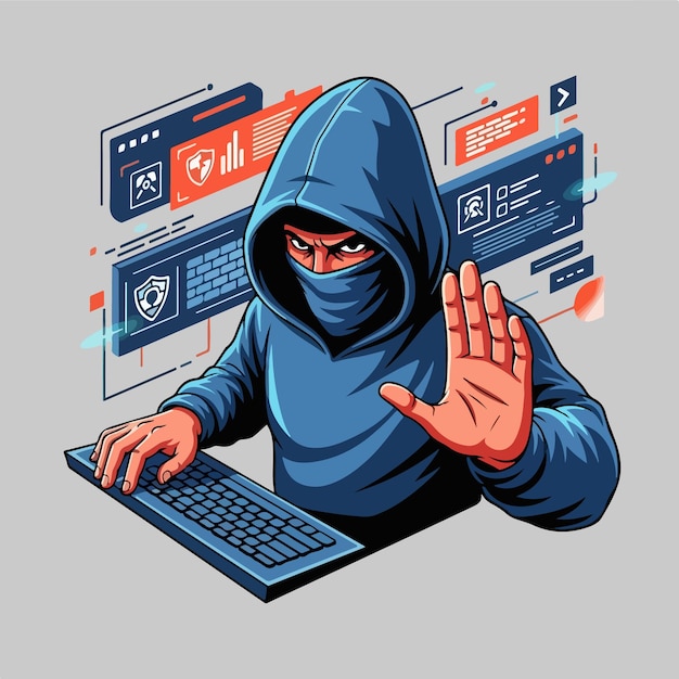 Cybercriminal Hacker Working on Computer with Security Shields and Data Screens