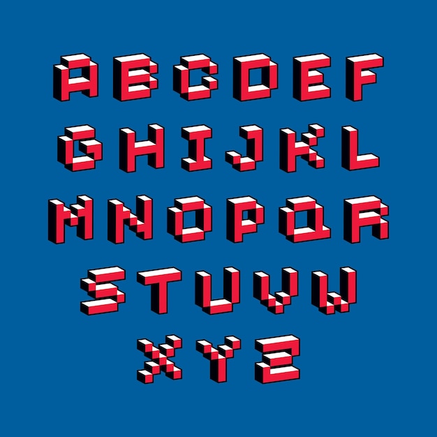 Cybernetic 3d alphabet letters, pixel art vector digital typescript. Pixel design elements, contemporary dotted font made in technology style.