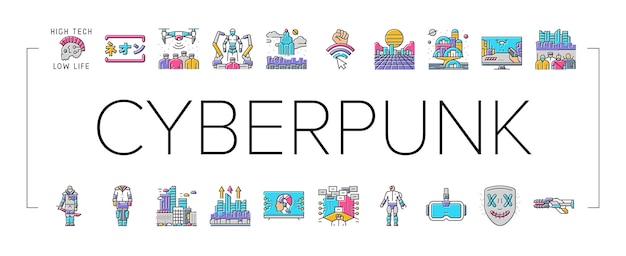 cyberpunk digital city future icons set vector