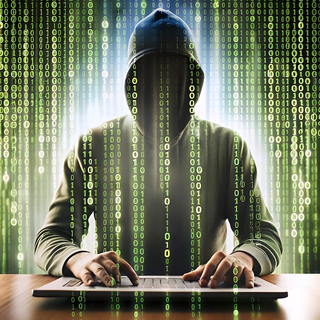 Cybersecurity Background with cascading green binary code with hacker silhouette typing