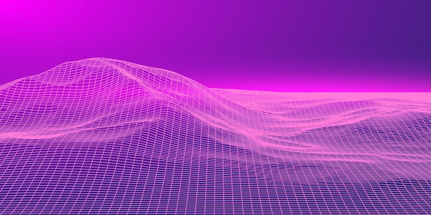 Cyberspace neon mountine Retro futuristic neon grid background 80s design Vector illustration