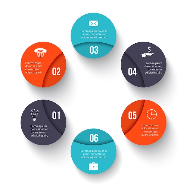Cycle infographic diagram with 6 options or steps. Slide for business presentation.