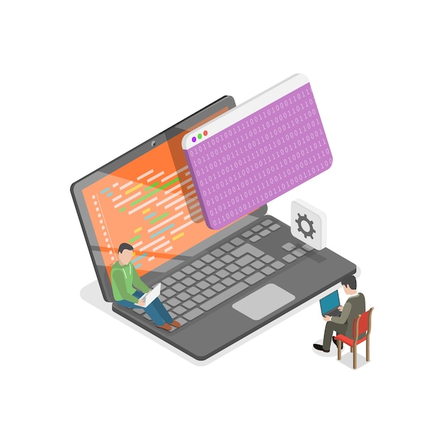 D isometric flat illustration of software development and integration coding and testing process