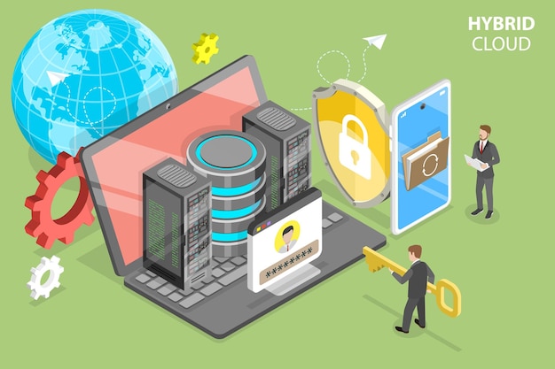 D isometric flat vector conceptual illustration of hybrid cloud computing it infrastructure